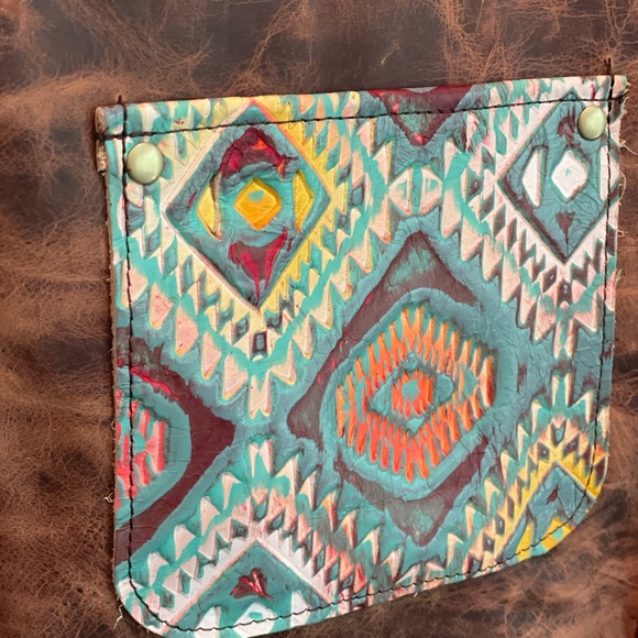 Aztec print with fringe crossbody purse with adj strap leather USA made - Picture 10 of 14